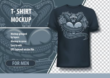 Gül arka plan üzerinde kalp sarılma yılan. Tamamen düzenlenebilir T-Shirt şablonu.