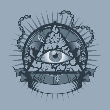 Vintage tüm saatler ve arkasında kafatasları ile göz üçgen içinde görmek. Tek renkli dövme stil.