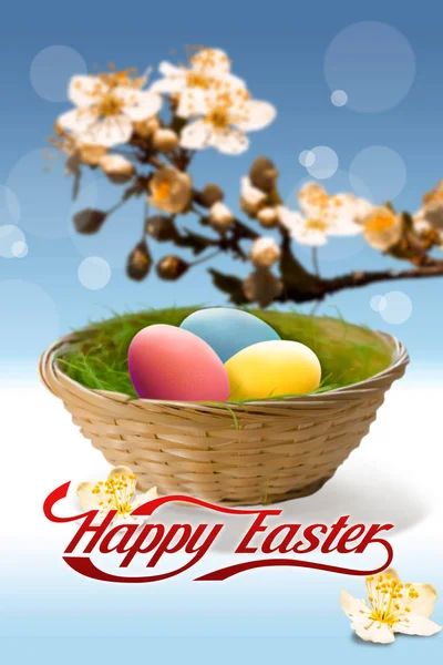 Ovos de Páscoa em uma cesta de vime e um belo fundo de primavera — Fotografia de Stock