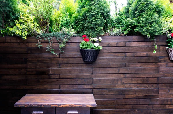 Drewniana ściana i stół z roślinami ozdobnymi — Zdjęcie stockowe
