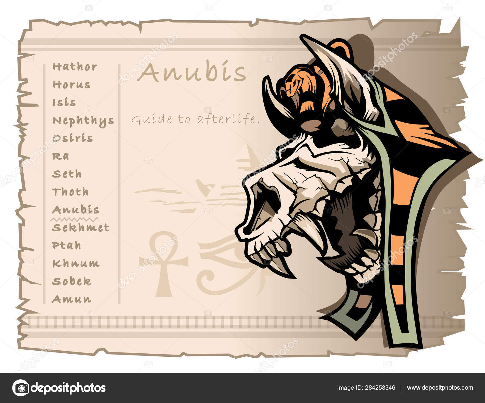 Modelo sobre o tema da mitologia egípcia antiga. Deus Anubis, um guia para  a vida após a morte . Vetor de ©balanslava 284258346, image size:1600x1331