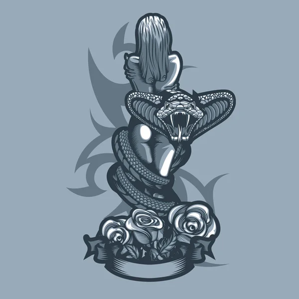 Mooi naakt meisje in de armen van een slang met bloemen en een banner. Tattoo sjabloon. — Stockvector