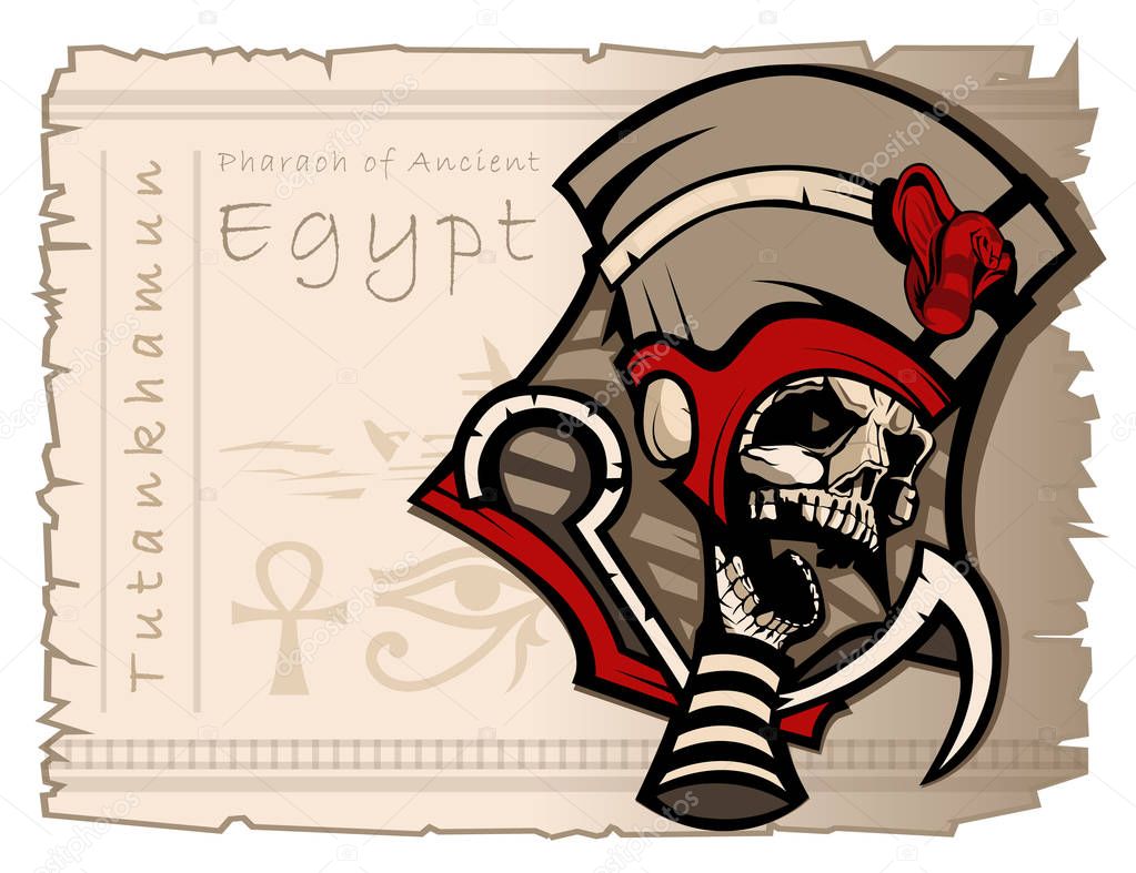 Vettoriale stockTeschio mummificato in vestiti del Faraone. Tutankhamon  sovrano dell'antico Egitto. Tatuaggio e T-shirt modello . di ©balanslava  #284268456, image size:1023x787