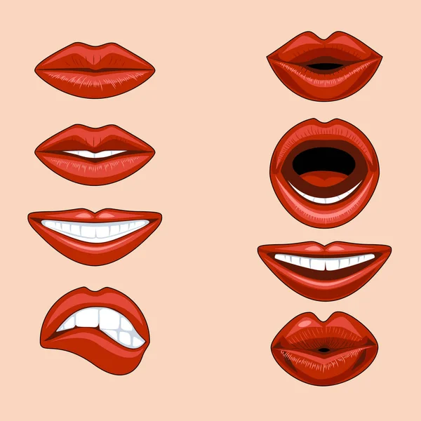 Uppsättning av kvinnliga läppar som uttrycker olika känslor i en tecknad stil. — Stock vektor