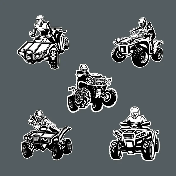 Set of five one color quad bikes in different angles on dark background. — Stock Vector