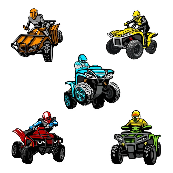 Five full-color quad bikes from different angles, isolated background. — Stock Vector