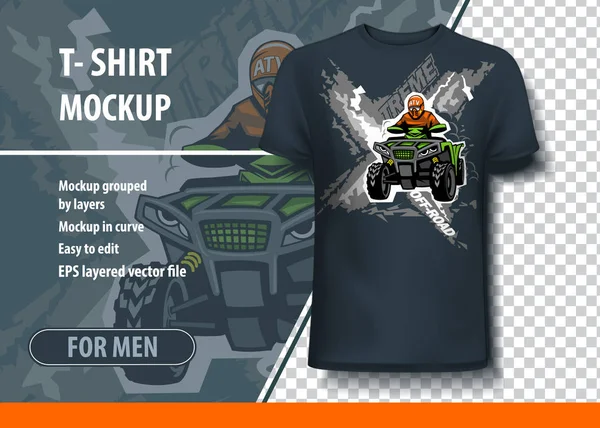 T-shirt mock-up mall med Xtreme ATV quadbike. Redigerbar vektor-layout. — Stock vektor
