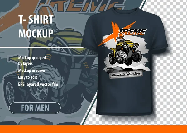 T-Shirt-Attrappe mit Quadbike Extremabenteuer. editierbares Vektorlayout. — Stockvektor