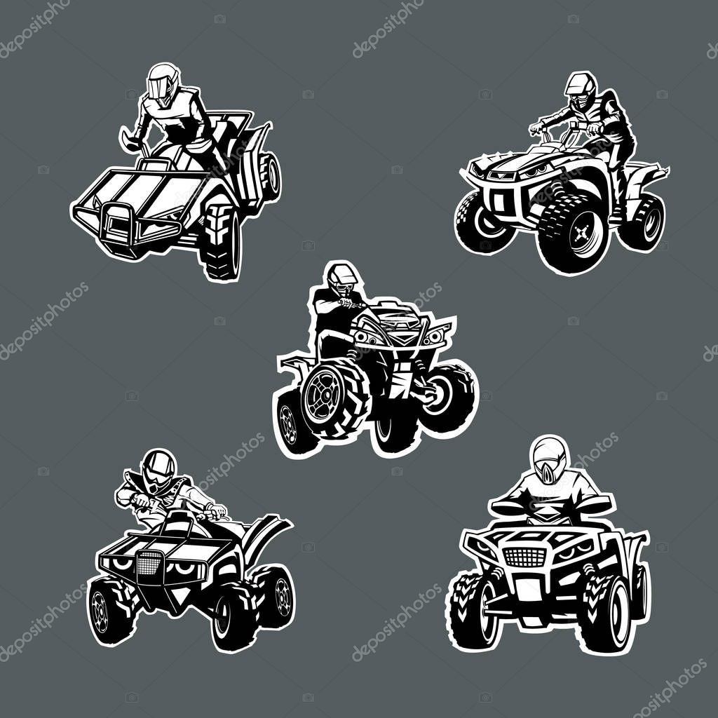 Set of five one color quad bikes in different angles on dark background.