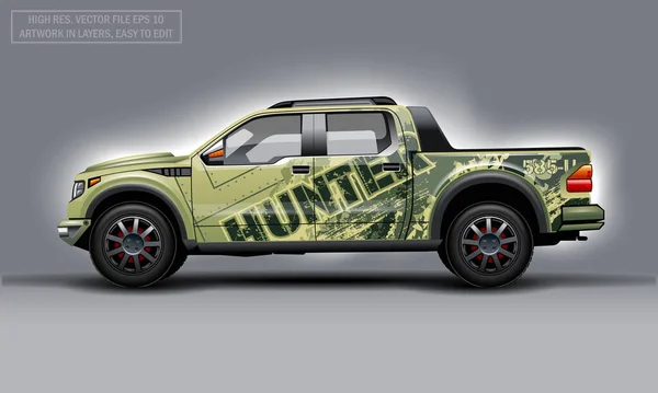 Hunter arka plan çıkartmalı bir SUV için düzenlenebilir şablon. Yüksek çözünürlüklü vektör grafikleri