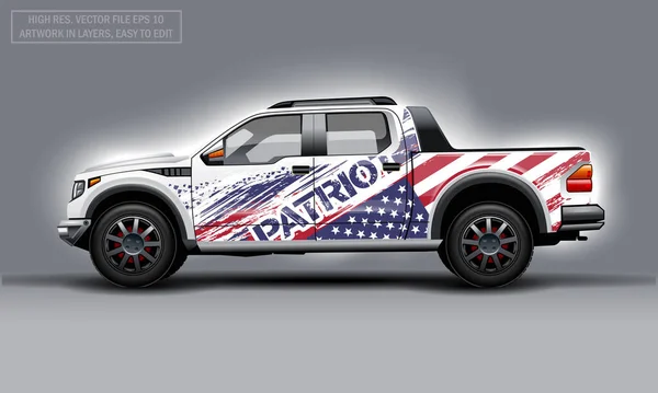 Usa bayrak çıkartmalı SUV için düzenlenebilir şablon. Yüksek çözünürlüklü vektör grafikleri
