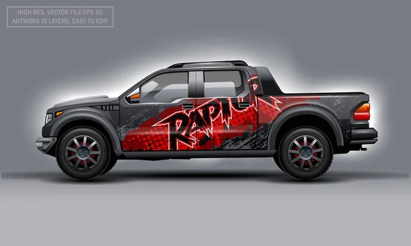 Soyut Raptor metin çıkartması ile SUV paketlemek için düzenlenebilir şablon. Yüksek çözünürlüklü vektör grafikleri