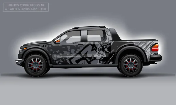 Skull soyut çıkartması ile SUV paketlemek için düzenlenebilir şablon. Yüksek çözünürlüklü vektör grafikleri