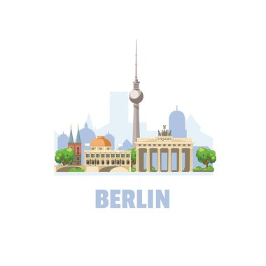 Berlin şehir silueti. Ünlü mimari binaları olan şehir manzarası. Beyaz arkaplanda.