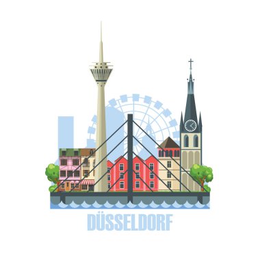 Düsseldorf şehrinin silueti. Eski mimari binalarla şehir manzarası. Avrupa 'da turizm rotaları ve seyahatleri.