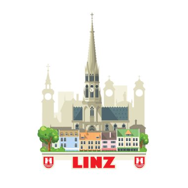 Linz City silueti, Avusturya. Eski mimari binaları ve şehrin arması olan şehir manzarası. Avrupa 'da turizm rotaları ve seyahatleri.