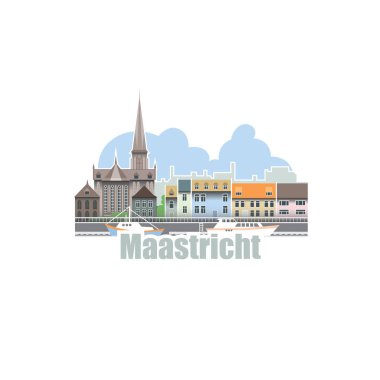 Hollanda 'nın Maastricht şehrinde. Eski mimari binaları ve nehirleri olan şehir manzarası. Avrupa 'da büyüleyici geziler.