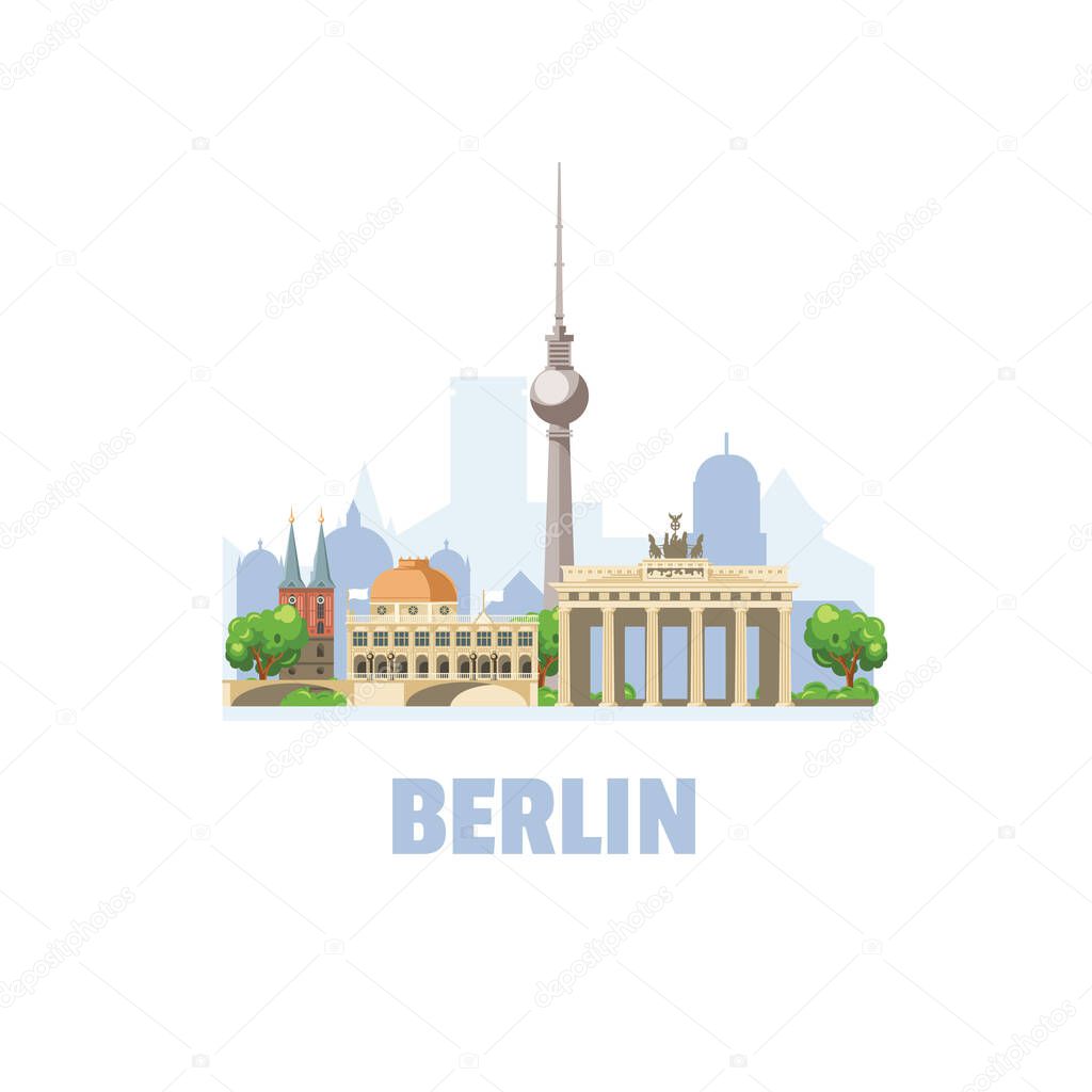 Berlin city skyline. Cityscape with famous architectural buildings. On white background.