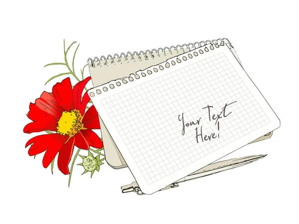 ปากกาและ Gerbera แดง ดอกไม บนโต แยกออกจากพ นหล ขาว บเล ตเวกเตอร — ภาพเวกเตอร์สต็อก
