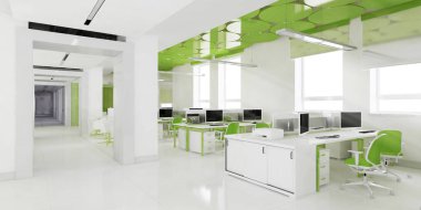Perspektif görünümü bir renk ofis iç beyaz tablolar bir sıra ile. 3D render.