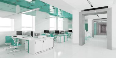 Perspektif görünümü bir renk ofis iç beyaz tablolar bir sıra ile. 3D render.