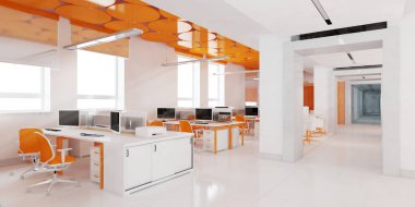 Perspektif görünümü bir renk ofis iç beyaz tablolar bir sıra ile. 3D render.