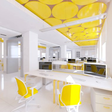 Perspektif görünümü bir renk ofis iç beyaz tablolar bir sıra ile. 3D render.