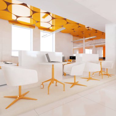 Perspektif görünümü bir renk ofis iç beyaz tablolar bir sıra ile. 3D render.