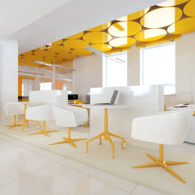 Perspektif görünümü bir renk ofis iç beyaz tablolar bir sıra ile. 3D render.