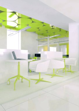 Perspektif görünümü bir renk ofis iç beyaz tablolar bir sıra ile. 3D render.