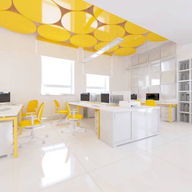 Perspektif görünümü bir renk ofis iç beyaz tablolar bir sıra ile. 3D render.