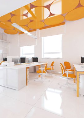 Perspektif görünümü bir renk ofis iç beyaz tablolar bir sıra ile. 3D render.