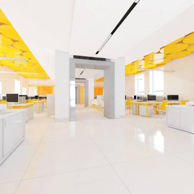Perspektif görünümü bir renk ofis iç beyaz tablolar bir sıra ile. 3D render.