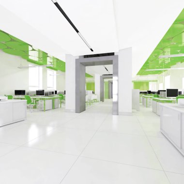 Perspektif görünümü bir renk ofis iç beyaz tablolar bir sıra ile. 3D render.