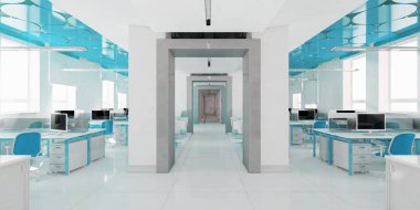 Perspektif görünümü bir renk ofis iç beyaz tablolar bir sıra ile. 3D render.