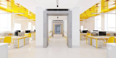 Perspektif görünümü bir renk ofis iç beyaz tablolar bir sıra ile. 3D render.