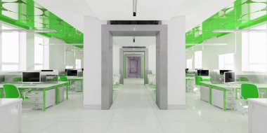 Perspektif görünümü bir renk ofis iç beyaz tablolar bir sıra ile. 3D render.