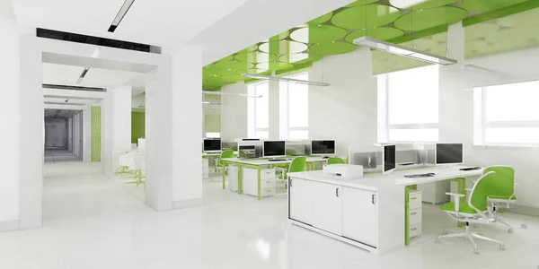 Perspektif görünümü bir renk ofis iç beyaz tablolar bir sıra ile. 3D render.