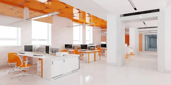 Perspektif görünümü bir renk ofis iç beyaz tablolar bir sıra ile. 3D render.