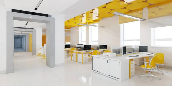 Perspektif görünümü bir renk ofis iç beyaz tablolar bir sıra ile. 3D render.