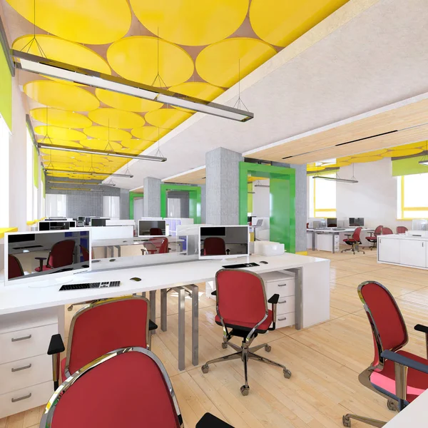 Perspektif görünümü bir renk ofis iç beyaz tablolar bir sıra ile. 3D render.