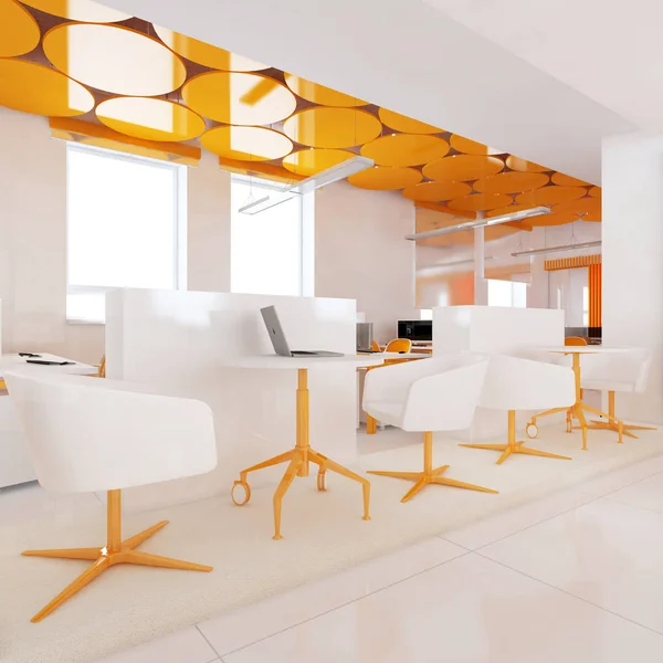 Perspektivische Ansicht Eines Farbigen Büroinnenraums Mit Einer Reihe Weißer Tische — Stockfoto