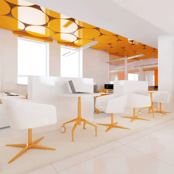 Perspektif görünümü bir renk ofis iç beyaz tablolar bir sıra ile. 3D render.