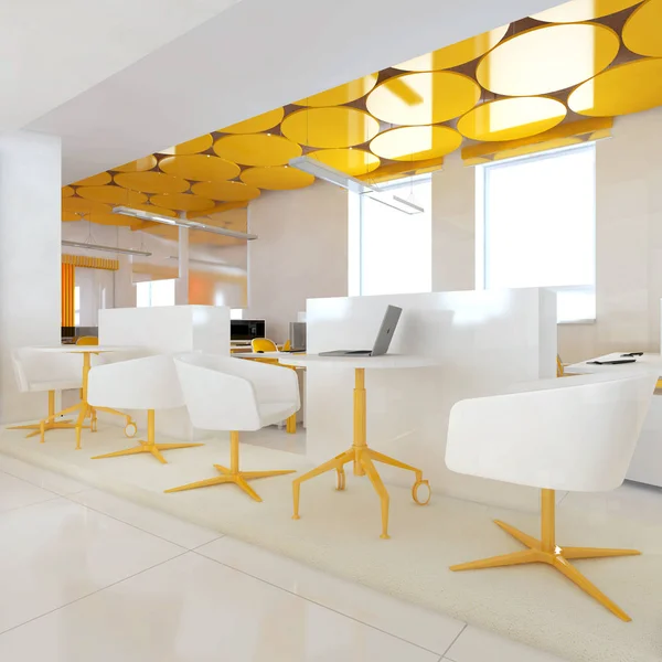 Perspektif görünümü bir renk ofis iç beyaz tablolar bir sıra ile. 3D render.