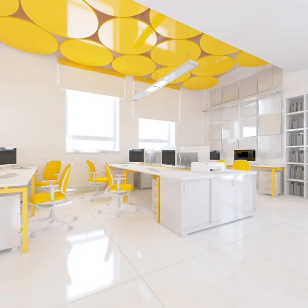 Perspektif görünümü bir renk ofis iç beyaz tablolar bir sıra ile. 3D render.