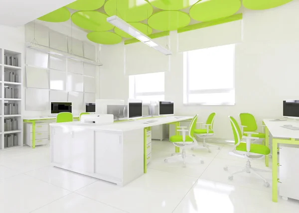 Perspectiva Interior Oficina Color Con Una Fila Mesas Blancas Renderizado — Foto de Stock
