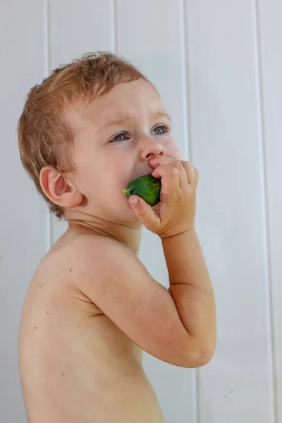 Heureux petit garçon recueille et mange un concombre sur une journée d'été ensoleillée — Photo