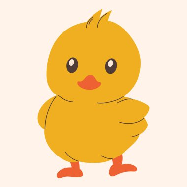 Basit çizgi film tarzında mutlu yüzlü, sevimli bir bebek piliç karakteri. Eğlenceli karalama küçük sarı tavuk kuş ikonu. Çocuk kartları, posterler, çıkartmalar ve dekorasyonlar için mükemmel. İzole vektör illüstrasyonu.