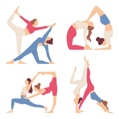 Farklı pozlarda ve asanalarda çift yoga yapan kadınlar topluluğu. Spor giyim mağazasındaki fitness kızları birlikte esneme ve pilates egzersizleri yapıyorlar. Antrenman konsepti. Vektör illüstrasyonu.