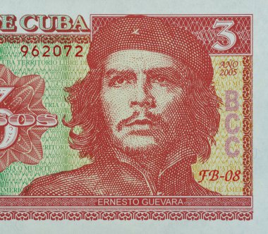 Küba 3 Peso Banknote 'tan Che Guevara' nın Portresi. Devrim Simgesi (2005 Para Birimi Notu)